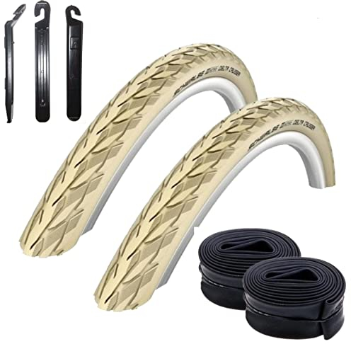 2 x Schwalbe Delta Cruiser Plus Fahrradreifen Decke in Creme mit Reflex 37-590 (26 x 1 3/8) + 2 Schwalbe Schläuche DV12 inkl. Reifenheber