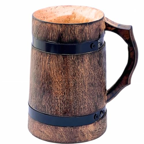 Handcrafted Rustic Wooden Beer Mug Viking Style Tankard Brown Vintage Wood Stein for Ale, Coffee, or Beverage Medieval Gift for Men & Party Toasts