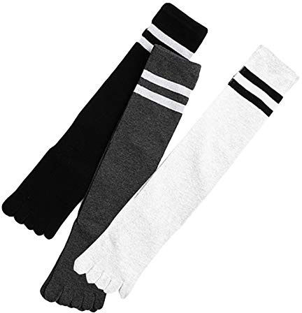 Soapow 3 paia di calzini da donna a cinque dita in cotone traspirante a righe calzini alti al ginocchio, nero + bianco + grigio scuro, M