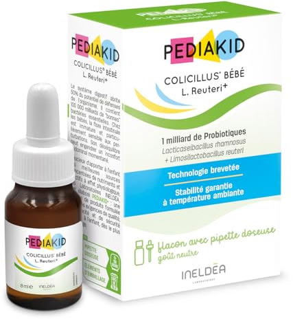 PEDIAKID - Colicillus Bébé - Probiotiques Lactobacillus GG & Reuteri - 1 Milliard UFC par prise - Réduit les contractions abdominales - Sans lactose - Goût Neutre - Dès la naissance - Flacon de 8ml