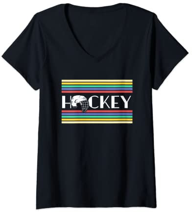 Damen Vintage Eishockeyhelm Retro Hockeyschläger Puck Team Coach T-Shirt mit V-Ausschnitt