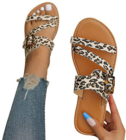 Hbeylia Flat Slides for Women Dressy Summer Strappy Open Toe Gladiator Roman Sandals Comfortable Bohemia Leather Slippers Flip Flops for Beach Pool Travel