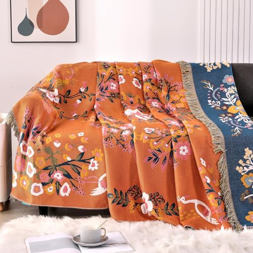 DECMAY Double-sided Throws for Sofas Large,Boho Sofa Bedspread Throw Blanket with Tassels,100% Cotton Throw for Sofas,Bed and Armchair,Orange,150x200CM(60×80In)