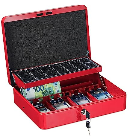 Relaxdays Caja Dinero con Llave, Bandeja Monedas y 4 Compartimentos Billetes, Cajita Hierro, 8,5x30,5x24,5 cm, Rojo