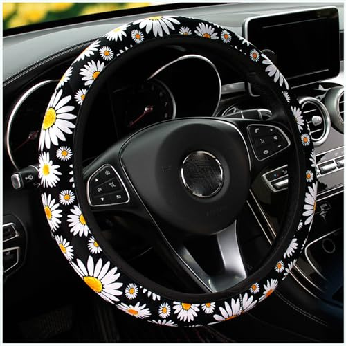 Daisy Flower Steering Wheel Cover Universal 15 Inch | for Women Men, Anti-Slip Cute, Car Accessories, Protective Case Cover, for Vehicle Truck SUV