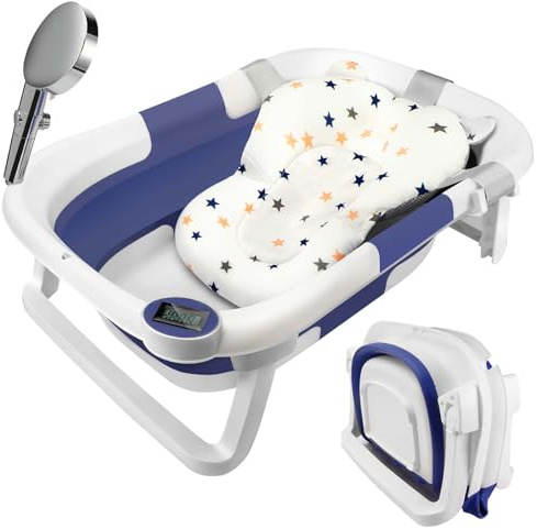 Mkitnvy vasca per bambini pieghevole Vasca Neonato Bagnetto,elementi essenziali per il bagnetto,1-3 Anni Baby Sdraietta Bacinella con tappetino antiscivolo e foro di scarico termometro