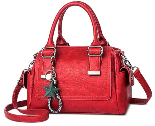 SODOLLEE Bolso Mujer Colgante Exquisito Bolsa de Mano Retro Bolso de Hombro con Asa Superior Cuero PU Señora para Compras Trabajar Desplazarse Rojo