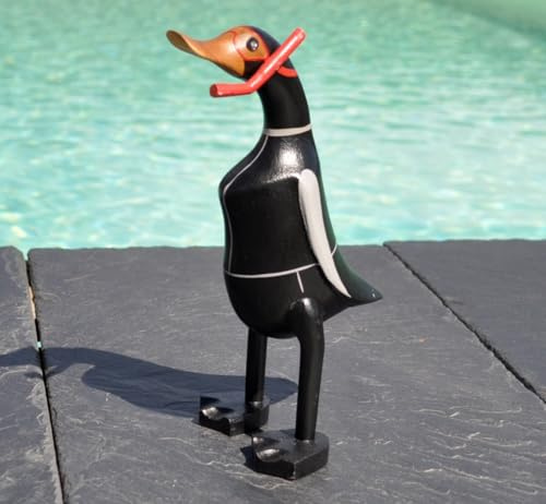 Canard en Bois Rigolo en Combinaison de plongée, Masque et Tuba H : 25cm Environ.