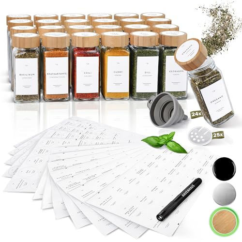 HAVENHAUS Lot de 24 pots à épices de qualité supérieure avec couvercle en bois - Avec 336 étiquettes à épices allemandes - Carrés avec saupoudrer - Convient à un usage alimentaire - Salière à épices