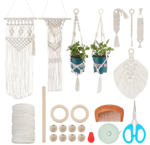 IFNUNLY 8 Set DIY Makramee Set Für Anfänger 3 Stile Makramee Wandbehang Wandteppich Handgefertigt Boho Makramee Armband Schlüsselanhänger Weißes Makramee Pflanzenhänger Set Mit Anleitung Geburtstagsge