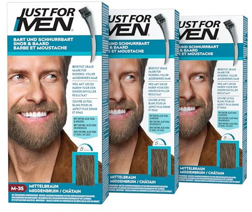 Just For Men Bart Und Schnurrbart, Bartfarbe, Bart Tönung Für Männer, Einfache Anwendung, Eliminiert Graue Haare, Für Ein Volleres, Natürliches Aussehen, Mittelbraun (M35), 3er Pack (3 x 28g)