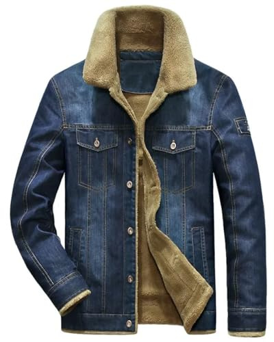 Pegsmio Chaqueta vaquera de forro polar para hombre, chaqueta vaquera gruesa y cálida, con múltiples bolsillos, azul claro, L