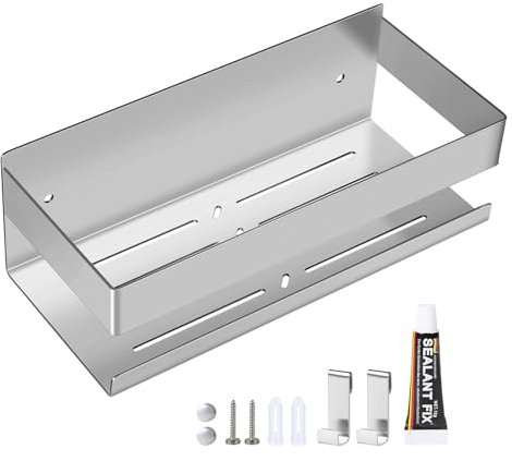 EXLECO Duschablage Ohne Bohren Duschregal Wand Edelstahl Badregal mit 2 Haken Duschkorb Selbstklebende Bad Regal Badezimmer Aufbewahrung Wandregal für Shampoo Duschgel 23CM 7,5cm Hoch Gebürstet Silber