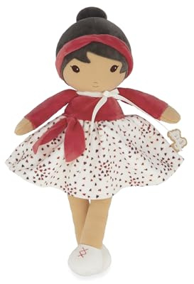 KALOO - Tendresse - Ma 1ère Poupée en Tissu Emilie - Poupée de Chiffon 32 cm - Jupe en Micro Velours & Cache-cœur Rouge - Jolie Boite Cadeau - Ruban Personnalisable - Dès la Naissance, K200016