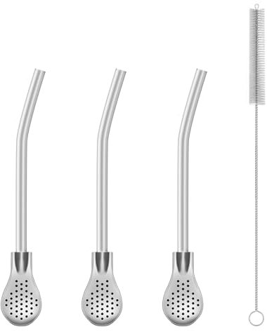 3 Stück Strohhalme Edelstahl mit Löffel, Wiederverwendbare Trinkhalme Edelstahl, Strohhalm Löffel mit Reinigungsbürste, Spülmaschinenfeste, Mate-Strohhalme für Tee, Stanley-Cups & Mehr (12.5cm)