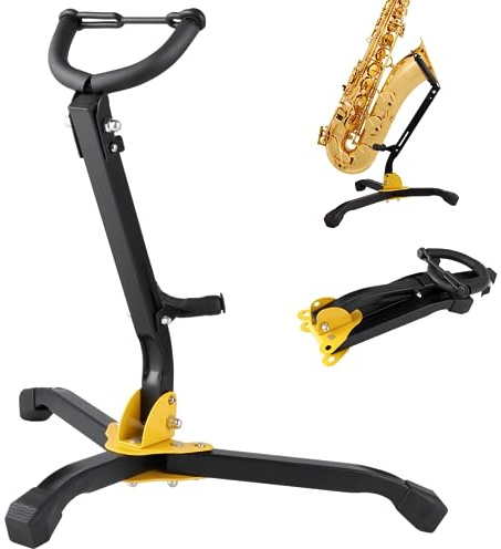 YOFAPA Foldable Saxophone Stand, Adjustable Alto/Tenor Sax Stands with Chain Lock, Portable Saxophone Holder with Triangle Base, Metal Sax Tripod Stand