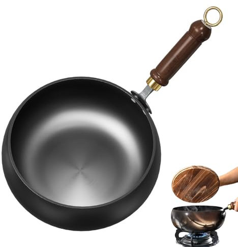 Padella in ferro non rivestita, forgiata a mano, antiaderente, senza rivestimento, fondo rotondo, con manico in legno resistente, per fornelli da ristorante, induzione a gas (liscia senza coperchio