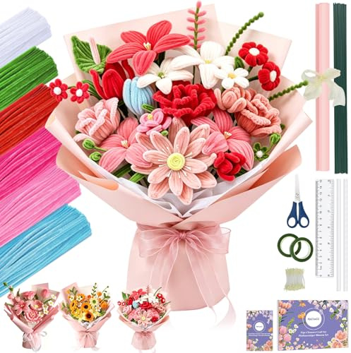 FACIACC 600PCS Rose Pipe Cleaners Craft, 6 Assorted Colors Chenille Stems for DIY Bouquet Decorations Creative Gift Party Decor with Flower Wires, Tape, Stamens, Glue Sticks, Wrapping Paper, Scissors