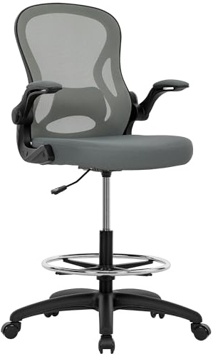 Vinsetto Drafting Chair, Ergonomic Tall Office Chair with Flip-up Armrests, Mesh Back, Lumbar Support, Adjustable Height and Foot Ring, Swivel Wheels, for Standing Desk, Charcoal Grey