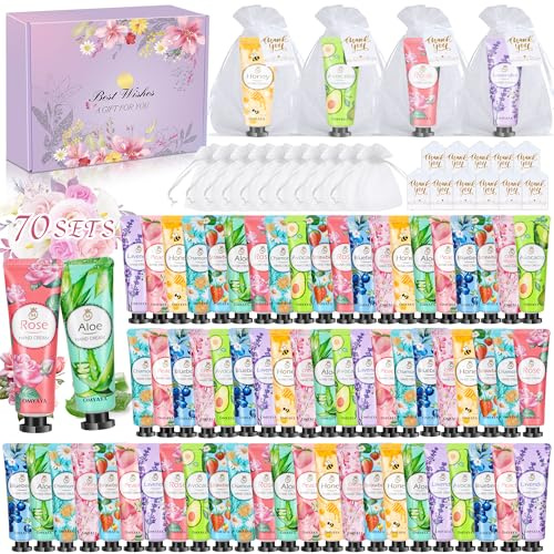 70 SETS Hand Cream Gift Set - 210PCS Christmas Mini Hand Cream for Women, 70 PACK Small Organza Bags & Thank You Cards,Plant Fruit Flavour Daily Moisturising Cream,Travel Hand Lotion Bulk(1400ml)