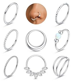 Adramata 8Pcs Piercing Nariz Acero Quirurgico Septum Piercings Hipoalergénico CZ Ópalo Pendiente Aros Pequeño Piercings Nariz Aro Piercing Oreja Tragus Helix Oro Plata