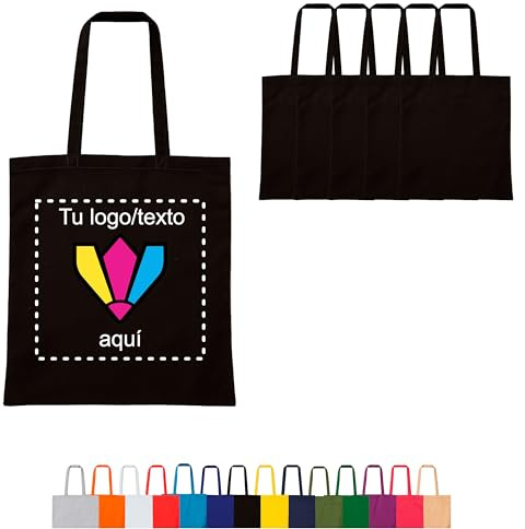 Regalix Shop - Tote bag personalizada - Pack 5 uds. 14 colores – Asas largas, 38 x 42 cm – Ideal para regalos, eventos y pequeños negocios - Bolsa tela personalizada resistente para compra (5, Negro)