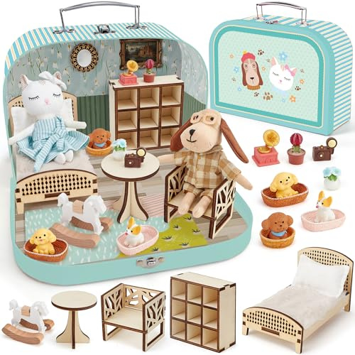 Casa delle Bambole Valigetta Portatile con Accessori, Mini Casa Fai-da-te con Gatto e Cane in Peluche, Mobili in Legno, Gioco di Ruolo, Regalo di Compleanno/Natale per Bambini e Bambine dai 3 Anni