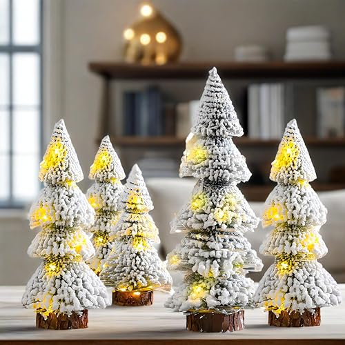 YOUYIKE Petit Sapin de Noel, 15|20|25cm Arbre de Noel Lumineux LED Artificiel Decoré Base en Bois, Mini Sapin de Table Blanc Cèdre pour Interieur Maison Décoration Table
