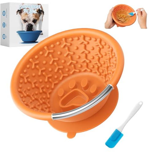 Slow Feeder Dog Bowl with Suction Cup & Reinforced Rim, 3-Cup Puzzle Maze Dog Lick Bowl for Anxiety Relief, Anti-Choking & Non-Slip, BPA-Free Silicone, for Small to Large Breeds (Orange)