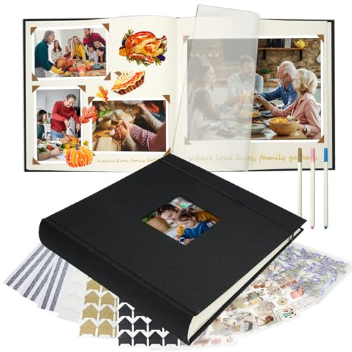 Vienrose Álbum Fotográfico de Lino 30x30 cm con Espacios para Texto, Álbum de Recortes Scrapbook Personalizable DIY para Bodas, Bebés, Familia, Bautizos, Cumpleañoss (60 Páginas, Negro)