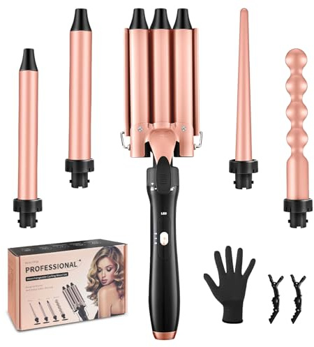 flintronic 5 en 1 Rizador de Pelo, Rizador Pelo Ondas, Planchas Rizadoras, Temperatura Ajustable, Calentamiento Rápido, Revestimiento de Cerámica, con Guantes, Adecuado para Todo Tipo de Pelo