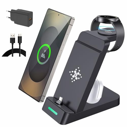 3-i-1 laddningsstation för Samsung Watch och mobiltelefon, supersnabb laddare för Samsung Galaxy S25/S24/S23/S22/21/20/Note20/10/Galaxy Watch Ultra 8/7/6/5/4 öronadapter