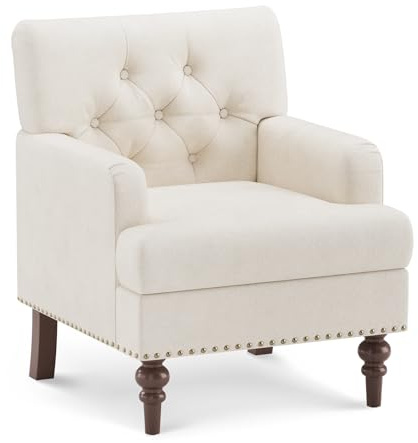 MALOL Upholstered Accent Chair with Thick Cushion, High Back Reading Chair, Linen Blend Armchair with Solid Rubberwood Legs for Living Room, Bedroom, Reading Nook, Apartment & Small Spaces,Beige