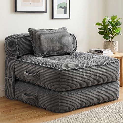 JUOIFIP Sofá Cama Plegable Individual, Sillón Cama Convertible | con Cojines y Soporte Lumbar, Sofá de Suelo Portátil para Salón, Dormitorio, Apartamento y Habitación de Invitados, Gris