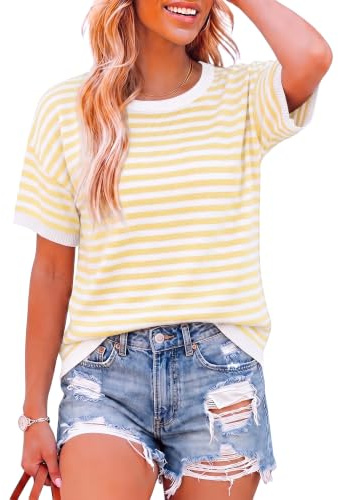 Terecey Pull Femme Rayé Manches Courtes Col Rond Top Tricoté Maille Légère | Toucher Doux, Tombé Fluide, Finition Soignée, Allure Fraîche, Confort Été, Mi-Saison et Début d’Automne