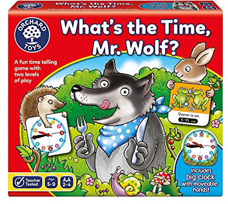 Orchard Toys What's The Time, Mr Wolf Game, Educational Game for Children Aged 5-9, Two Ways to Play, Teaches Time Telling Skills, Includes Moveable Clockface, Learning Made Fun