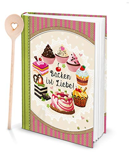 Logbuch-Verlag Backbuch zum Selberschreiben DIN A4 Hardcover leeres Buch Backen ist Liebe Geschenkset mit Kochlöffel Diy Rezeptbuch Geschenk