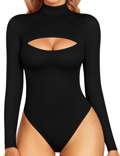 MANGOPOP Women's Mock Neck Cutout Front Bodysuit Long Sleeve Turtle Neck Body Suits Sexy Tops Black M