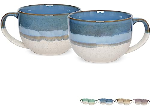 Bosmarlin Ceramic Jumbo Coffee Mug Set of 2, 23 Oz, Large Mug Soup Bowls with Handles, Dishwasher and Microwave Safe (Blue)