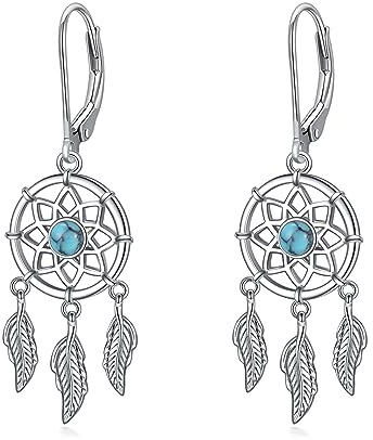 VONALA Boucles d'oreilles attrape-rêves pour femme et fille - Argent sterling - Turquoise/pierre de lune/cristal - Plume - Style bohème - Cadeau pour femme et adolescente, 35*11.5mm, Argent, Turquoise