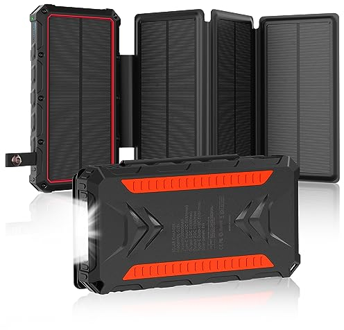 Batería externa solar de 20.000 mAh, cargador solar de 3 A, carga rápida con 2 salidas y entrada USB-C, batería externa resistente al agua para exteriores con 4 paneles solares y linterna para
