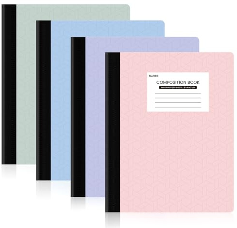 SUNEE Composition Notebooks - Wide Ruled Paper, 4 Pack Composition Book, 9 3/4 x 7 1/2, 80 Sheets/160 Pages, Assorted Colors, School & Office Supplies