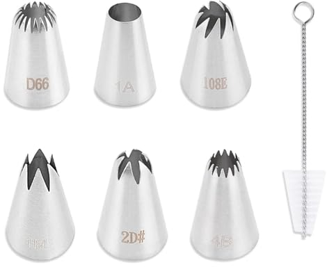 Visxcnu Beccucci in Acciaio Inox,6 PcsDecorazione Torte Set, (1M,2D,1A,D66,108E) Bocchette Decorative Accessori per Cupcakes con1 spazzola per la pulizia per Decorare Torte per Cottura Fai da