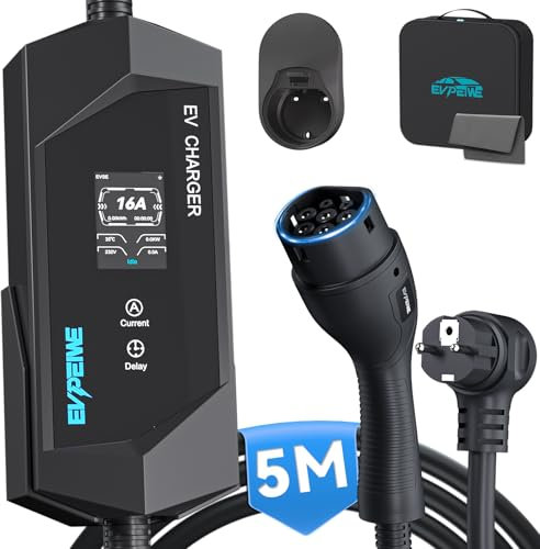 EVPEIWE Typ 2 EV Ladekabel Schuko [3.68KW, 16A, 5M] EV Ladegerät Typ 2 Tragbares EV Charger mit LCD-Bildschirm, Mobiler Ladestation/Wallbox Einstellbarer Strom 6-16A für Elektroautos IEC 62196-2, IP65