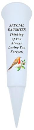 Plastic Flower Holders/Memorial Grave Vases Ornaments - Spike Flower Grave Vases for Grave Decoration with Engraved Funeral Verses for Your Loved Ones -White Spike With Robin Image (Daughter)