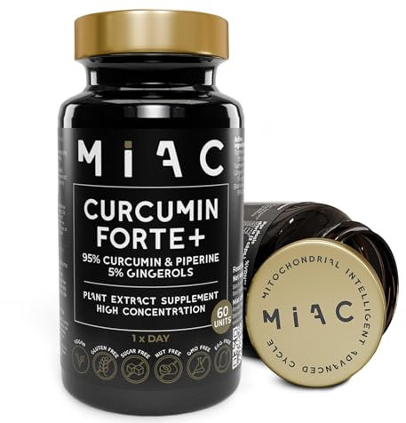 MIAC Curcuma con Jengibre y Pimienta Negra. 60 Cápsulas. Cúrcuma en Cápsulas Extracto al 95% 12000mg. Antiinflamatorio Natural, Antioxidante y Malestar Estomacal