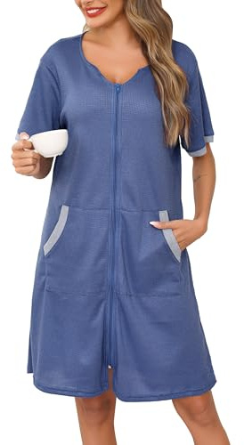Lovasy Peignoir Femme à Fermeture Éclair Peignoir Kimono Gaufré à Manches Courtes Robe de Chambre Léger Longueur du Genou Loungewear avec Poches