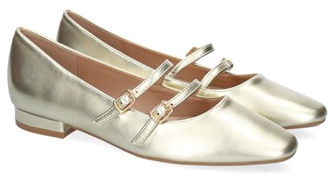shoes&blues.es 92255 Zapato de Mujer Tipo Bailarina Francesita con Elegante Diseno y Doble Cierre de Hebilla con Punta Fina, Ideal para Llevar en Cualquier Ocasion. Oro Talla 38