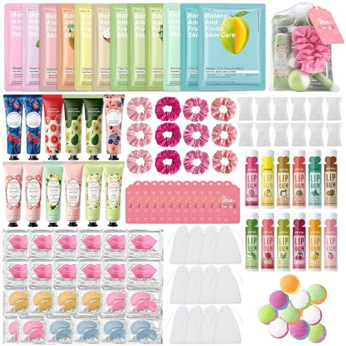 Jutqut 120PCS Spa Party Supplies for Girls, Include Facial Masks, Lip Mask, Under Eye Patches, Lip Balm, Foot Bath Bombs, Hand Cream, Compressed Towel, Hair Band, Sleepover Party Supplies for Girls