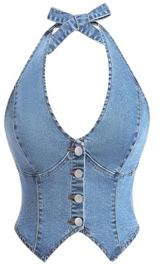 Milumia Women's Denim Halter Top Tie Backless Button Front Slim Fit Vests Light Wash Medium